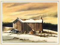Frontal view of watercolor painting 'Winter Barn' in frame against neutral background