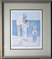 Full view of framed limited edition print showing the man and two children fishing by the water on a dock.