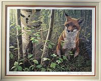 Front view of the framed limited edition print showing detailed image of the red fox kit and surrounding forest with signatures and numbering visible