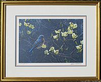 Framed limited edition print 'Bluebird and Blossoms' by Robert Bateman, showing detailed image of bluebird on blossoming branches within matting and gold frame.