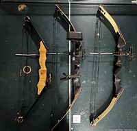 Photo showing three compound archery bows side by side on a flat surface, showing their full length, risers, limbs, bowstrings, and cams.