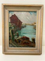 Front view of framed oil painting depicting Port Dover dock scene