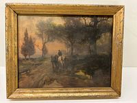 Frontal view of the framed print showing the artwork and the wooden frame's condition with visible distressed gold finish.