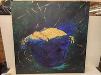 Full view of abstract oil on canvas painting showing deep blue, gold and green tones.