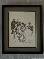 Framed ink drawing on paper showing men in workwear grouped together, some holding ropes or tools.