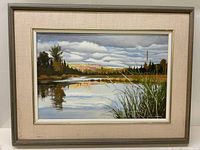 Framed acrylic painting on board showing a natural landscape with water, trees, and hills under a cloudy sky.
