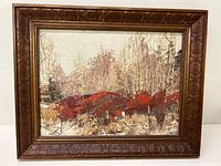 Framed oil on board painting showing a landscape with red foliage and light colored trees, capturing the full artwork and frame.