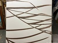 Full front view of large modern abstract artwork with brown intersecting lines on white background