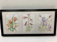 Framed set of three watercolor paintings of flowers side by side in a black frame