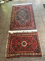 Photo showing both oriental rugs laid out on tiled floor, highlighting size difference and overall design.