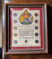 Full view of framed Canadian Nickel Collection showing 12 coins, colorful coat of arms, and descriptive text.