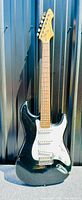 Full front view of black Renegade Stratocaster style electric guitar with maple neck and white pickguard.