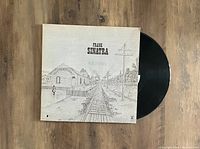 Photo of the Frank Sinatra Watertown LP vinyl record partially out of its cover. The cover features a black and white sketch of railroad tracks with buildings and utility poles. The record is black vinyl, visible on the right side.