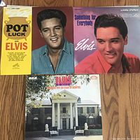 Three Elvis Presley LP vinyl record albums laid out on a wooden floor. Albums are 'Pot Luck with Elvis', 'Something for Everybody', and 'Elvis Recorded Live on Stage in Memphis'. Covers are colorful and in very good condition.