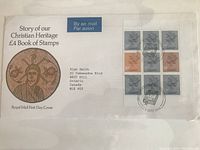 First Day Cover envelope featuring Christian Heritage theme, £4 Book of Stamps, with postal cancellation and stamps affixed.