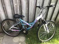 Full side view of Huffy mountain bike showing frame color and front suspension.