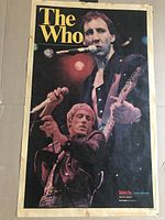 Color poster of The Who band members performing, with 'The Who' in large yellow text at top left and radio station/series info at bottom right. Edges show tape marks and some discoloration.