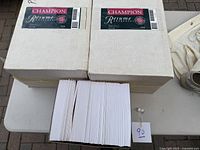 Two unopened boxes of Champion Resume Envelopes and multiple envelopes laid out showing size and condition.