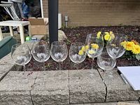 Full set of 7 assorted wine glasses placed on stone ledge outdoors, background includes yellow flowers, all glasses are transparent with some having floral etching.