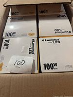 Box open showing multiple Luminus LED 100W BR40 light bulb boxes stacked inside, labeled 100 units.