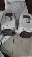 Two beige plastic pet carriers side by side on wooden floor with metal front doors and top handles.