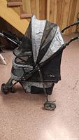 Side view of gray and black Gen7Pets pet stroller with mesh canopy and three wheels on carpet.