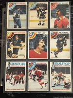Front view showing nine 1978-79 O-Pee-Chee NHL hockey cards with photos of players and Stanley Cup semi-finals action shots, arranged in a 3x3 grid in a card album sleeve.