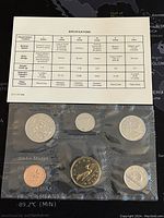 Sealed package showing six Canadian coins and their specifications card.