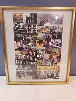 Framed Beatles photo collage showing multiple small images of the band in black and white and color.