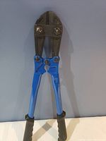 Bolt cutter with blue handles and black rubber grips, front view showing jaws and grip.