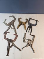 Top view of six clamps arranged on white background showing different types of clamps including locking pliers, spring clamps, and a hand clamp.