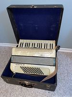 Accordion seated in open black hard shell case