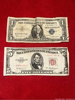 Front sides of the Series 1957B $1 silver certificate note and Series 1953A $5 red seal note placed on red background