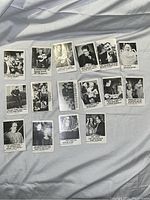 Top view of 16 black and white collectible cards arranged in rows on cloth background, showing classic monster movie characters with captions.