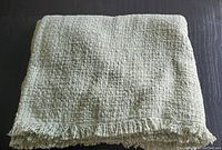 Folded pale green soft textured blanket showing waffle weave pattern and fringe edge.