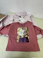 Light pink jean jacket and pink top laid flat showing tags and overall styling of the two items