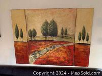 Full view of the acrylic landscape painting on stretched canvas showing trees and pathway in warm earth tones.