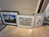 Three framed art pieces against a wall including a Nepal photo on the left, floral watercolour in center, and animal watercolour on right