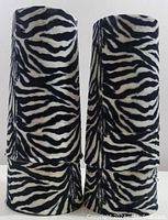 Four animal print fabric lamp shades stacked showing zebra pattern, with dimensions approximately 11.5" tall, 5" top diameter, 6" base diameter.