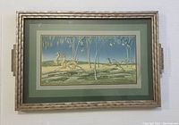 Front view of Art Deco lithograph tray showing whole tray and handles with framed stylized animal scene.