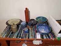 Group view of ten items on woven mat