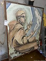 Frontal photo of the oil on canvas painting showing the figure with outstretched hands and horses in background.