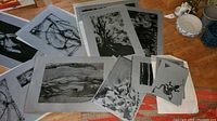 Various black and white lithograph prints laid on floor, mostly abstract shapes and figure studies.