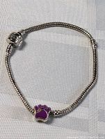 Full view of the sterling silver Pandora bracelet with the paw charm attached, showing the full 7" length.