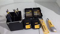 Full lot showing batteries, drill bit sets, screwdriver, and bit container.