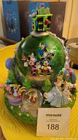 Full front view of snowglobe showing Mickey, Minnie, and Goofy inside the globe with lively colored figurines around base representing other Disney characters including Alice and Mad Hatter.