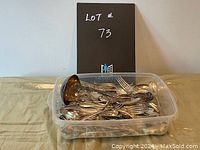 Overall view of all assorted silverplate cutlery in a plastic container