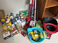 Wide angle photo showing assortment of cleaning supplies, mops, bucket, gloves, and containers on carpeted floor next to wooden furniture.