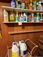 Shelf with various spray bottles and cleaning liquids, including Lysol, Zep, Tilex, and others.