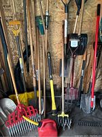 Photo showing various garden hand tools including shovels, rakes, hoes, pitchfork, gas can, and cultivator stored in a shed against a wooden wall.